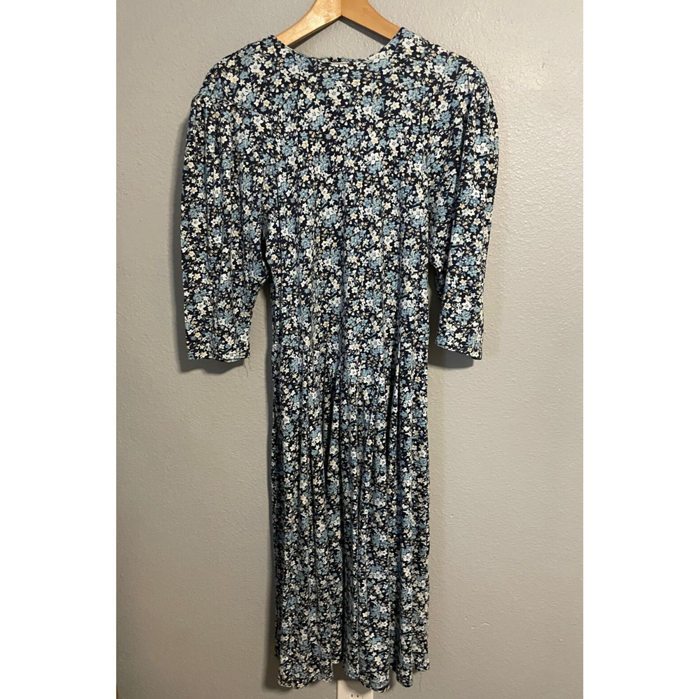 Vintage Womens Midi Dress Size 12 Blue Floral Pleated Cottagecore Prairie